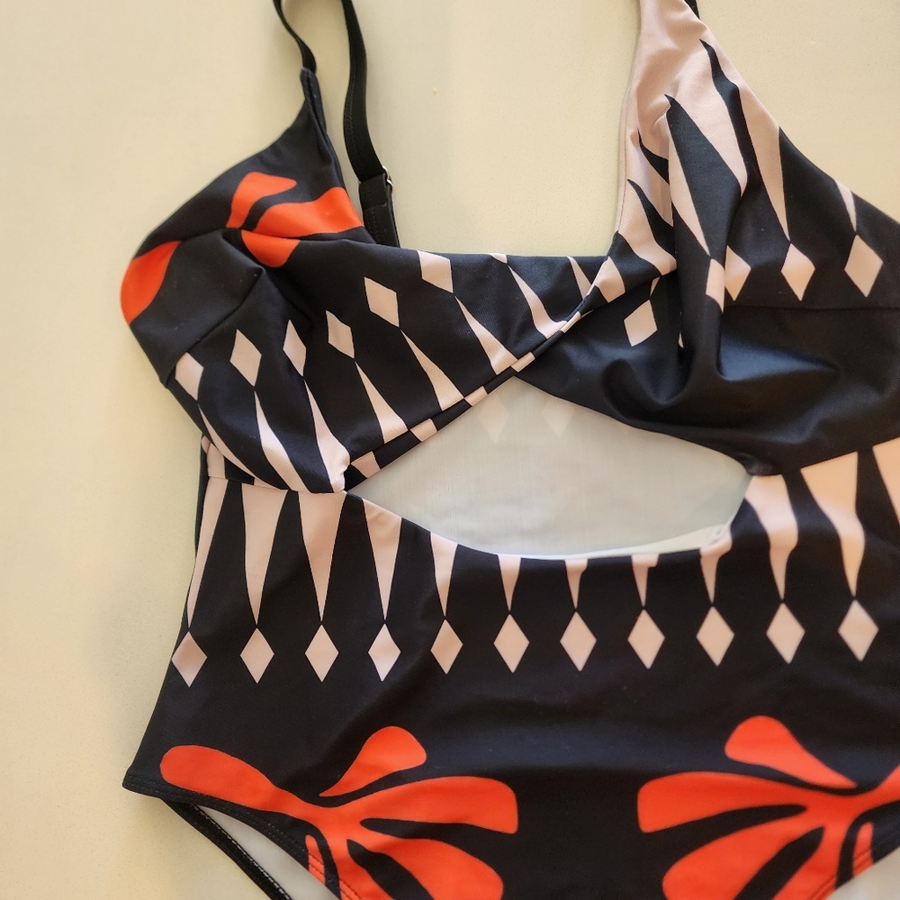 Cutout Twist Front Black and Orange Swimsuit - Picture 3 of 7